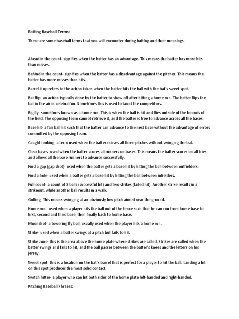 Batting Baseball Terms Download Free PDF Baseball Field Pitcher