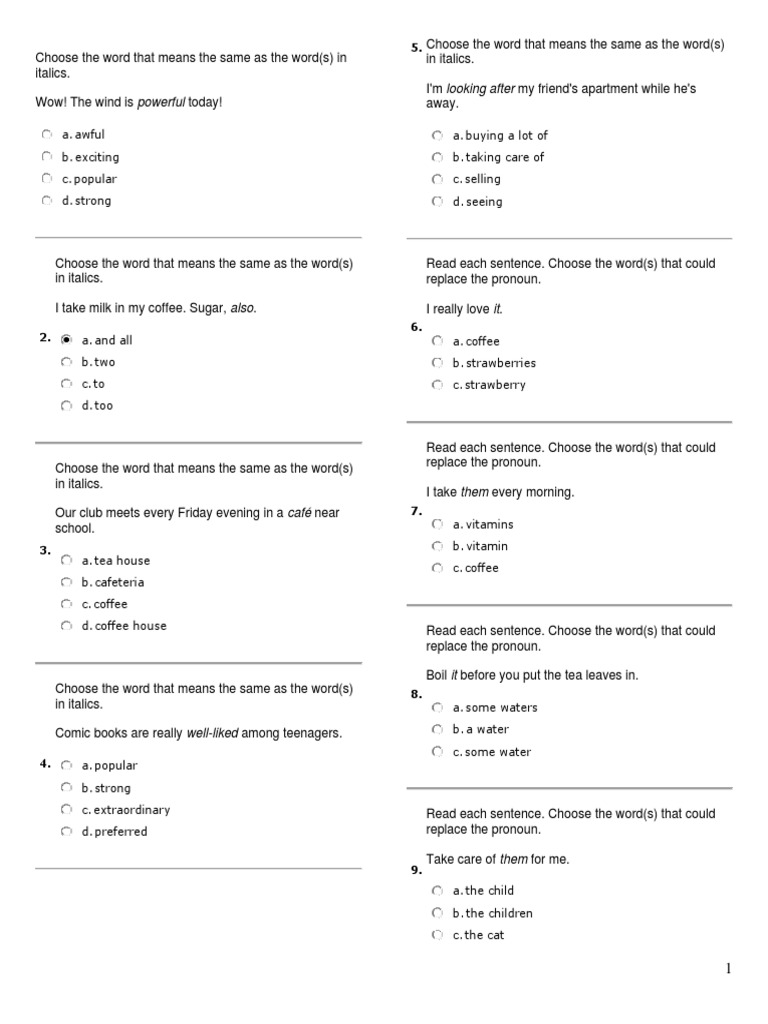 Choose The Word That Means The Same As The Word PDF
