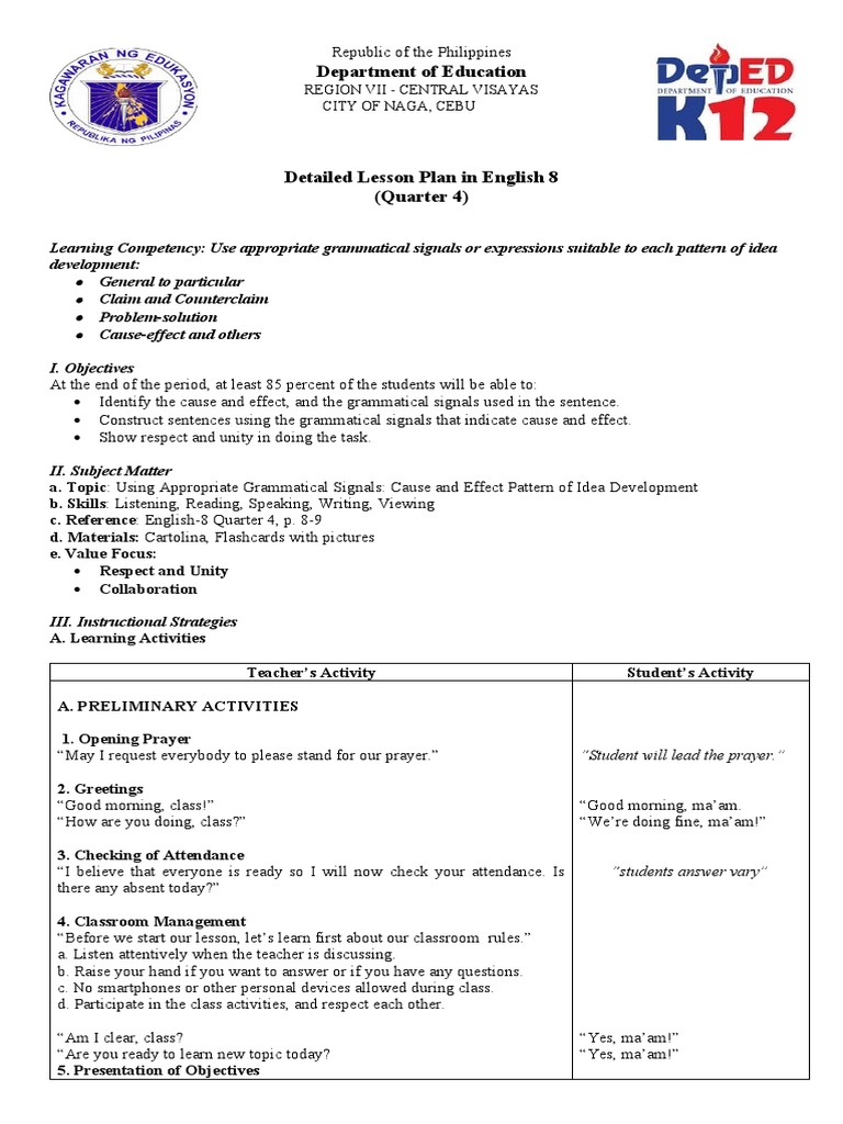 Detailed English Lesson Plan for Grade 8 | PDF