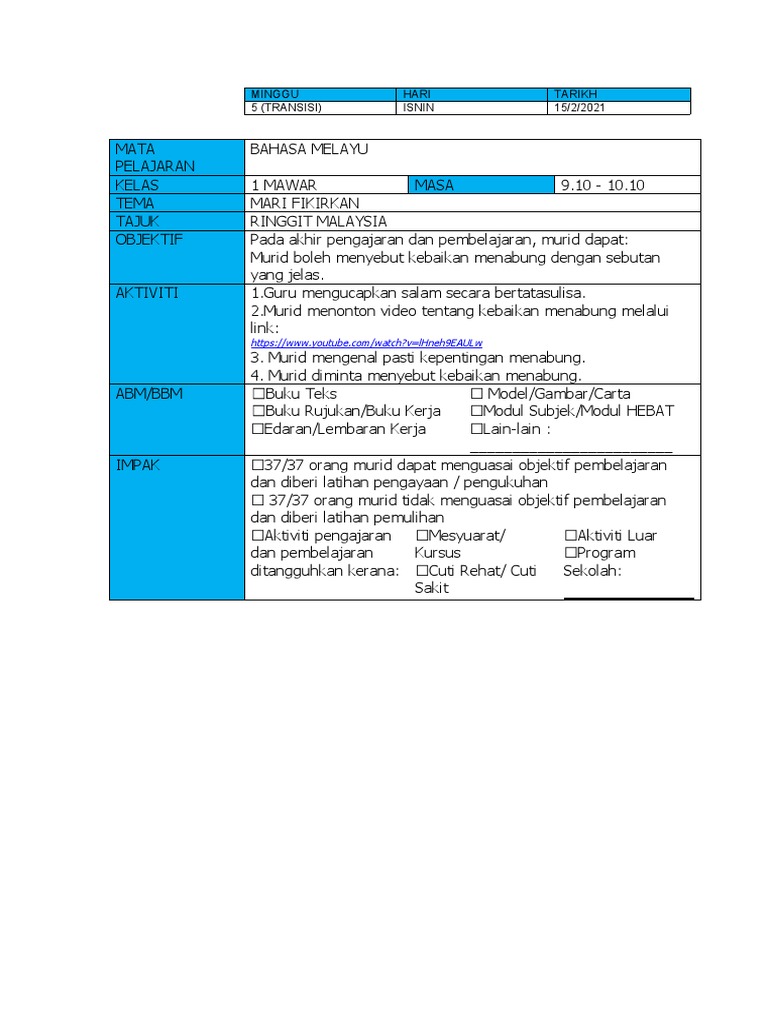 Rencana Pembelajaran Bahasa Melayu Kelas 1 | PDF