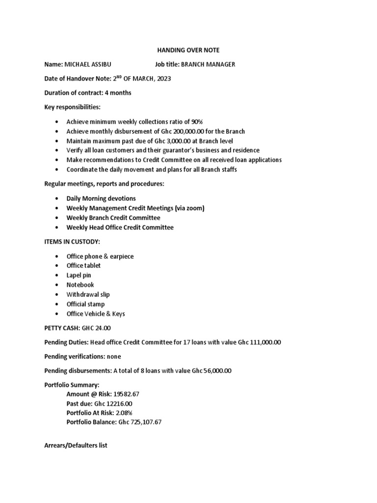 Handover Note for Branch Management | PDF | Loans | Private Sector