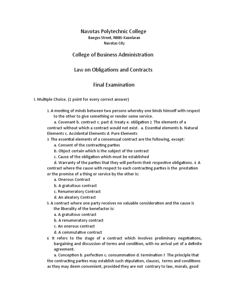 Final Examination Obligations and Contracts | PDF | Lease | Offer And ...
