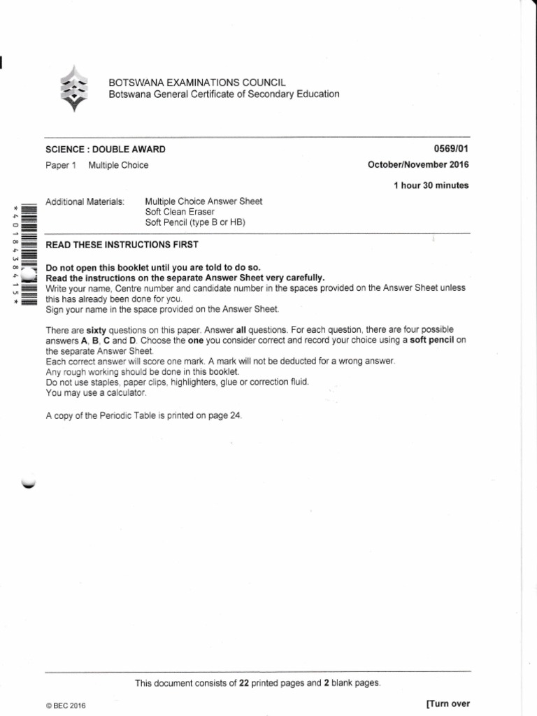 BGCSE Science Double Award Paper 1 | PDF | Atoms | Blood