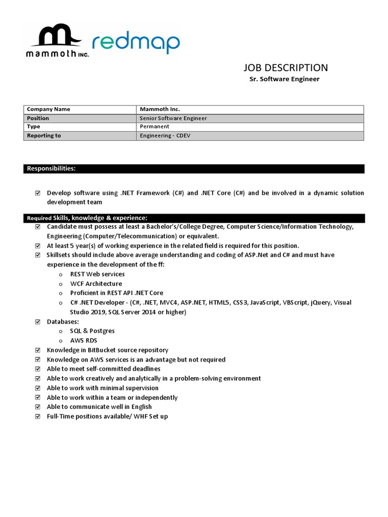 Senior Software Engineer Job Description CDEV Latest PDF