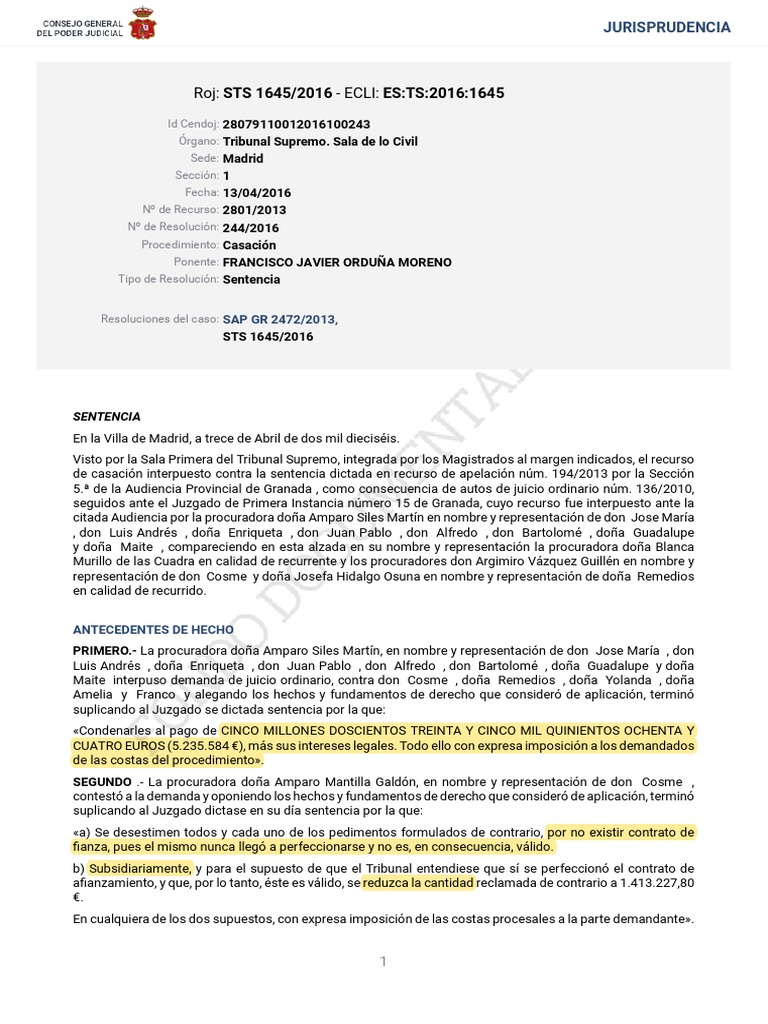 Sentencia STS 1645/2016 sobre fiadores | PDF | Caso de ley | Sentencia ...