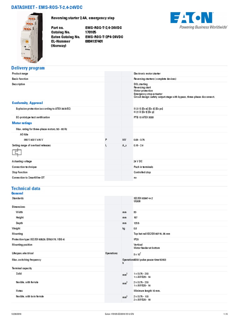Démarreur Direct (DOL) Eaton EMS-DOS-T-2,4-24Vdc - Pour Moteurs électriques, Neuf Scellé