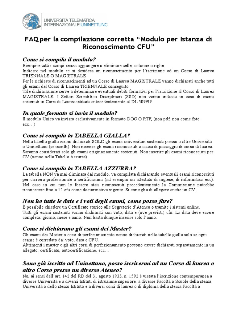 Modulo UNICO Riconoscimento CFU Uninettuno | PDF