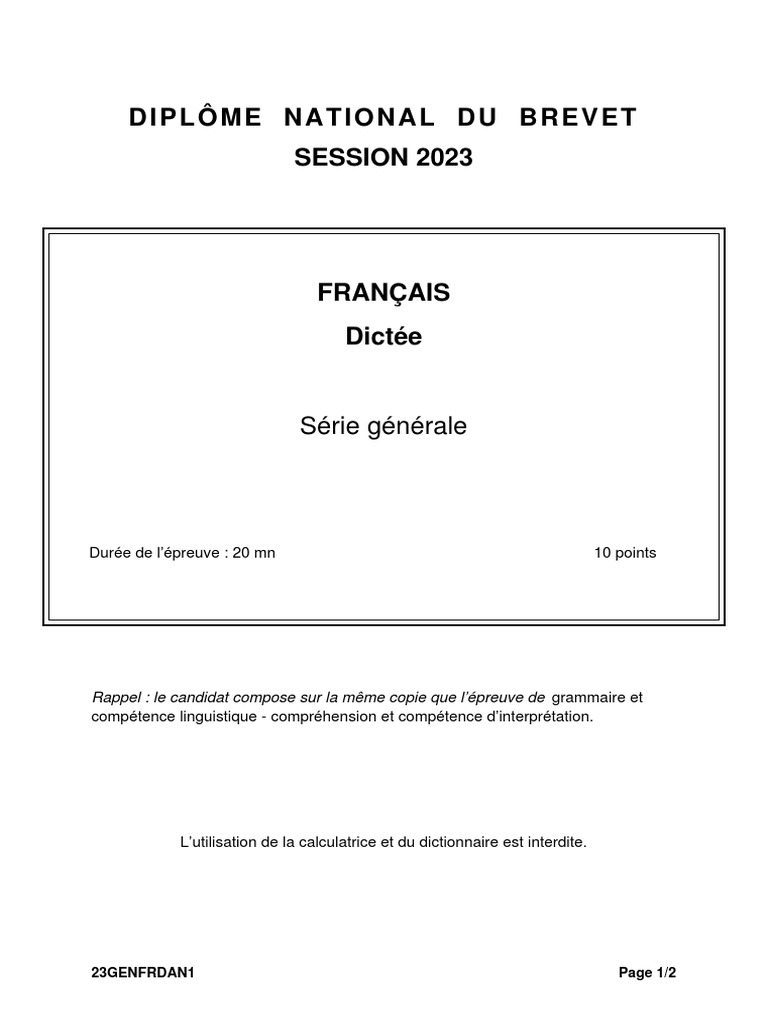 Corrige Sujet Francais Brevet 2023 Brevet 2023 Amérique Dictée | PDF