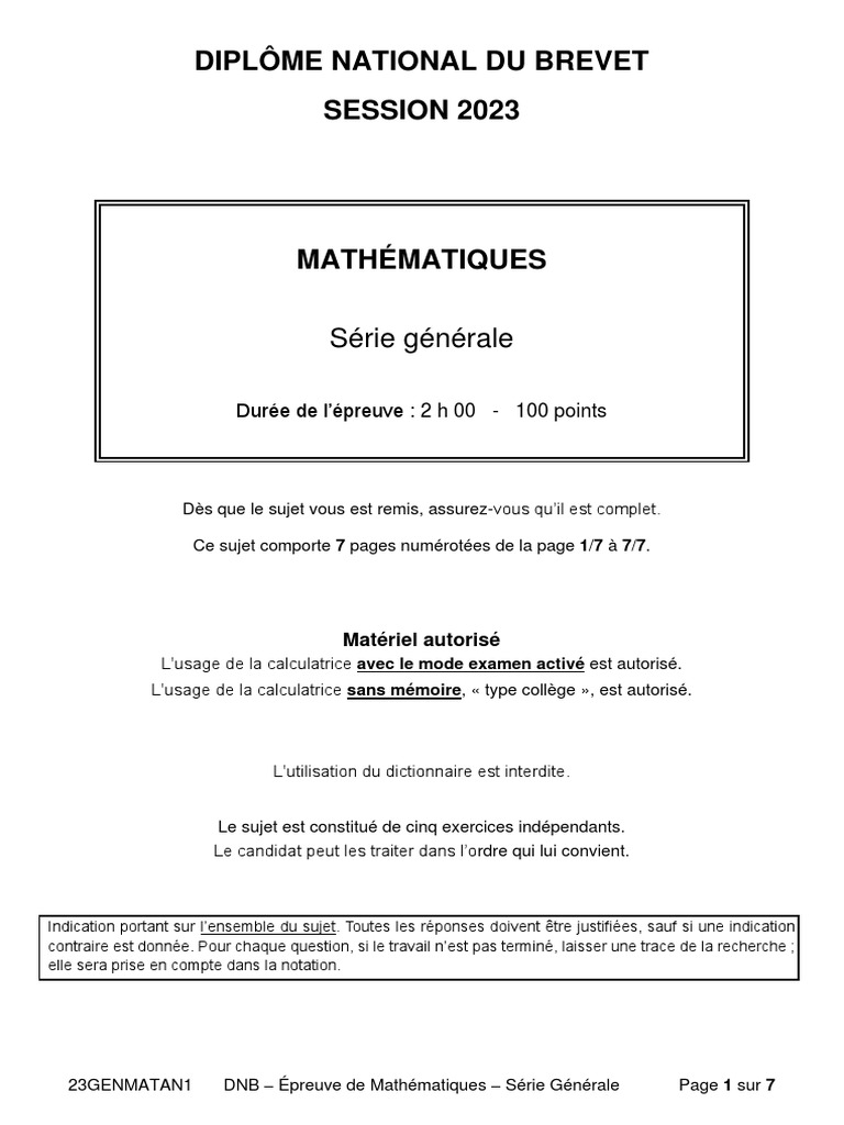 Sujet Brevet Français 2023 Pdf Brevet Maths | PDF | Polygone | Triangle