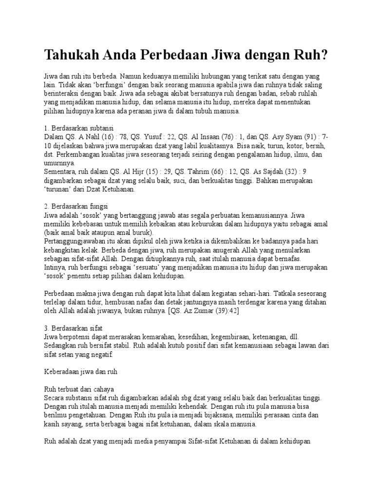 Tahukah Anda Perbedaan Jiwa Dengan Ruh | PDF