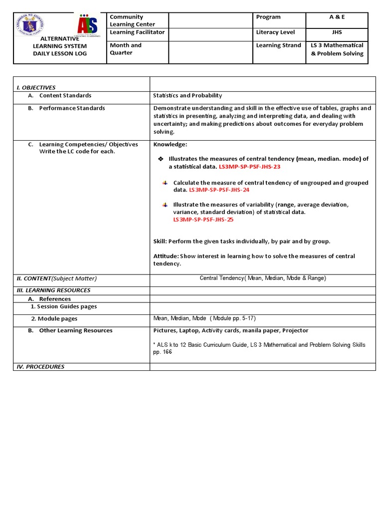 Week 2 ls3 dll mean median mode and range pdf statistics mean