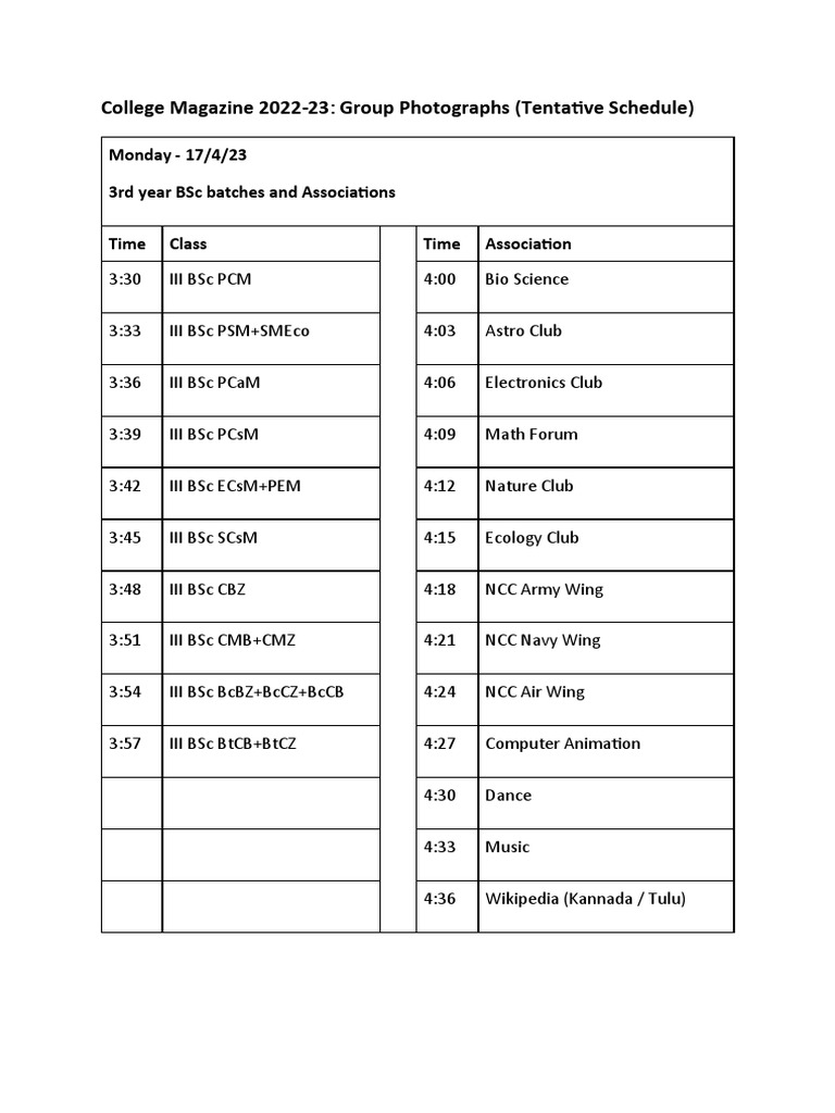Clg Magazine Group Photo Schedule | PDF