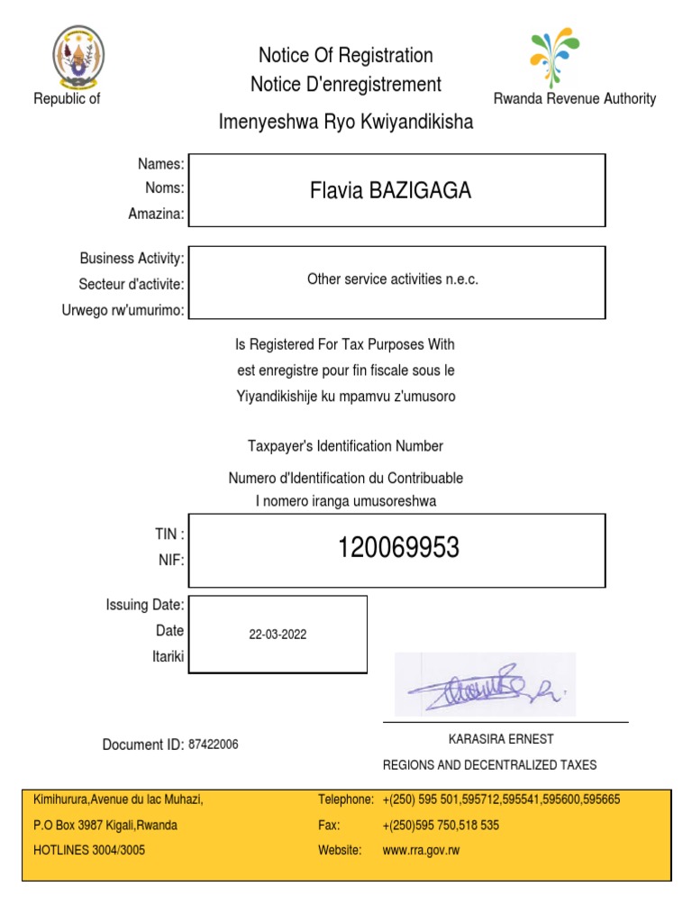 Rwanda Tax Registration Notice | PDF