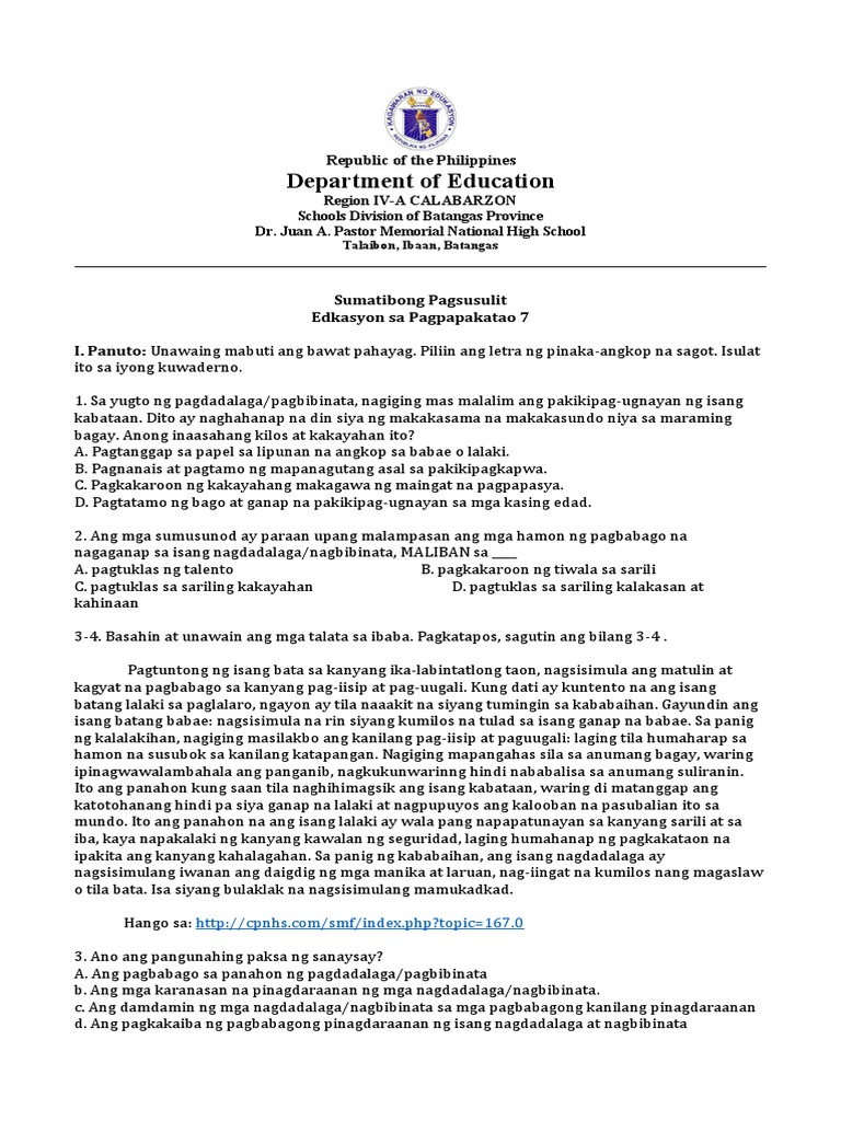 1st Summative Test in ESP 7 | PDF