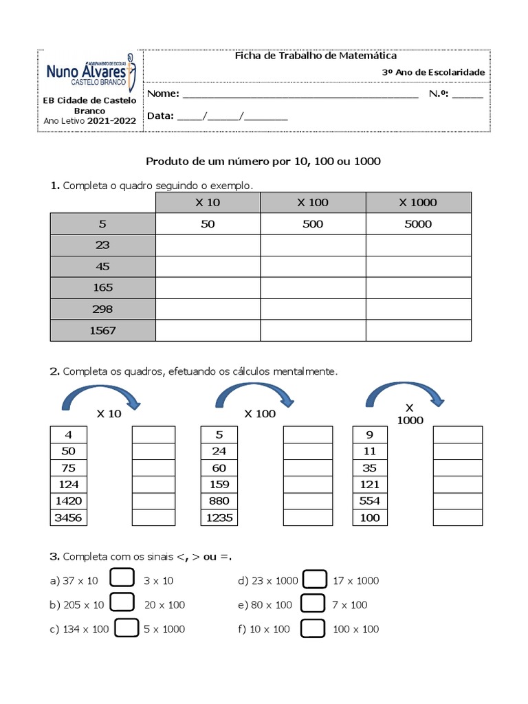 Anexo 1 - Multiplicação Por 10, 100 Ou 1000 | PDF