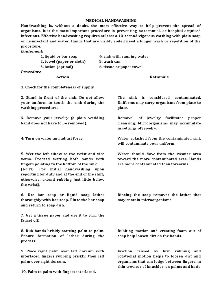 Medical Handwashing Procedure Steps | PDF | Hand Washing | Hand