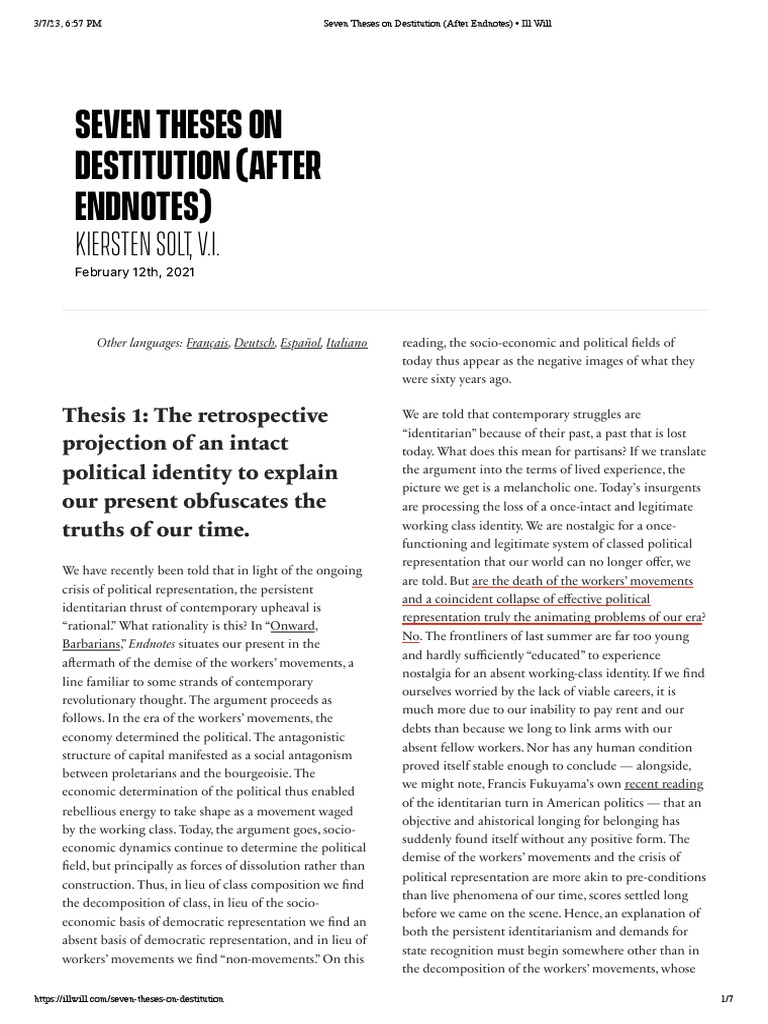 Seven Theses on Modern Destitution | PDF | Rebellions | Populism