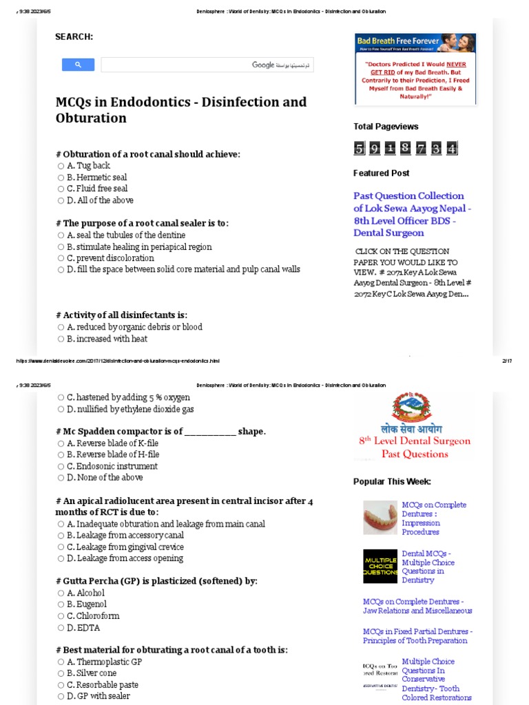 Dentosphere World of Dentistry MCQs in Endodontics Disinfection and Obturation PDF