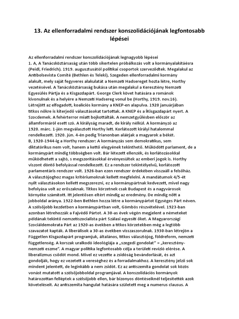 Az Ellenforradalmi Rendszer Konszolidációjának Legfontosabb Lépései | PDF
