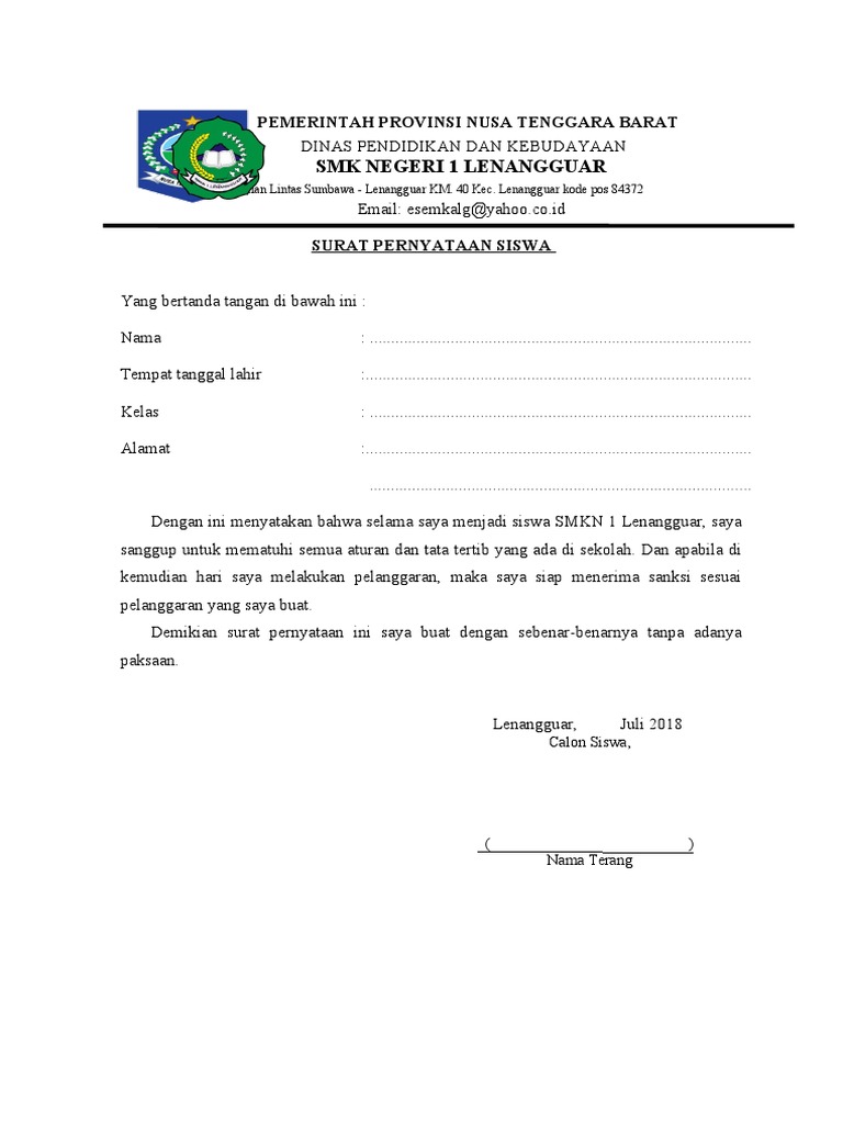 Surat Pernyataan SIswa Baru | PDF