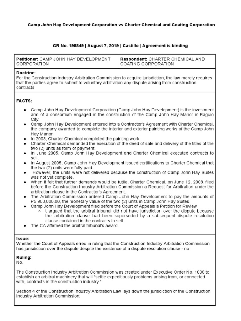 Camp John Hay Development Corporation Vs Charter Chemical and Coating ...