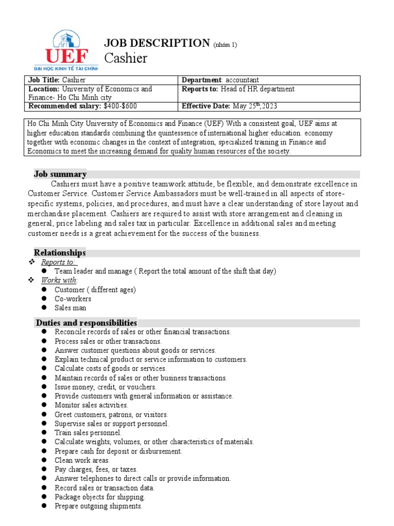 Job Desciption Cashier PDF