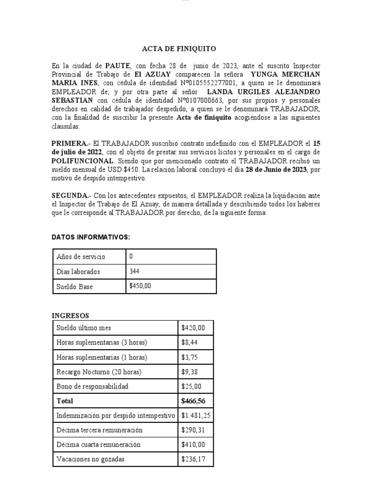 Acta de Finiquito Laboral en Paute | PDF