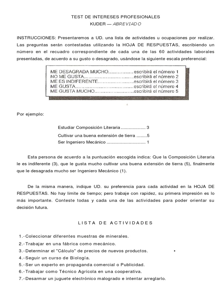 Test Abreviado de Intereses Kuder | PDF