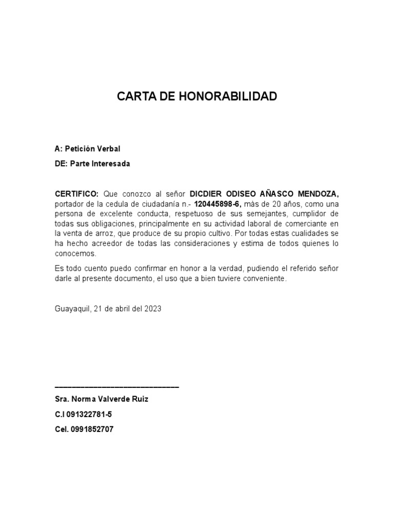 Carta de Honorabilidad PDF