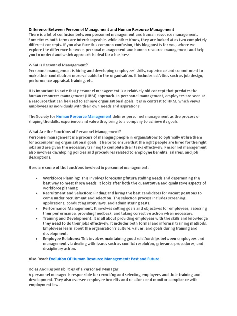 Difference Between Personnel Management and Human Resource Management PDF