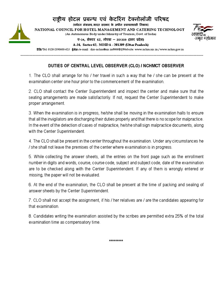 Instructions To Central Level Observer CLO or NCHMCT Observer During