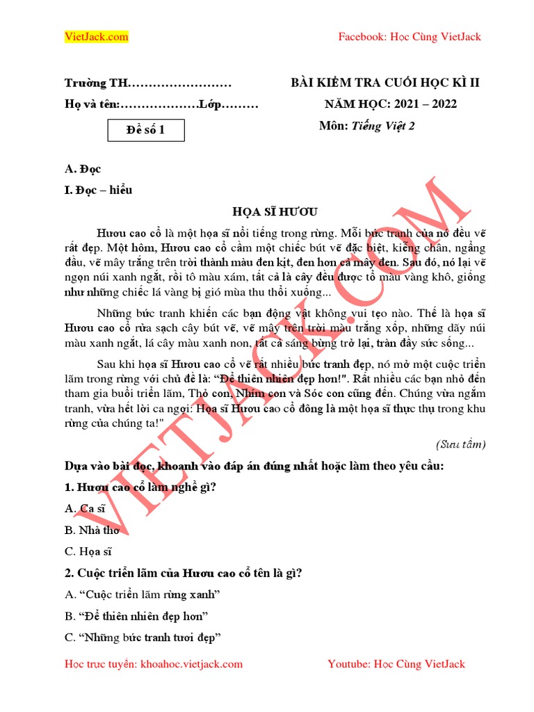 De thi hoc ki 2 tieng viet lop 2 co dap an ctst pdf