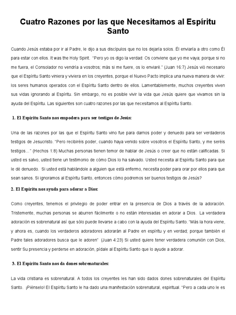 Cuatro Razones por las que Necesitamos al Espíritu Santo | PDF | La ...