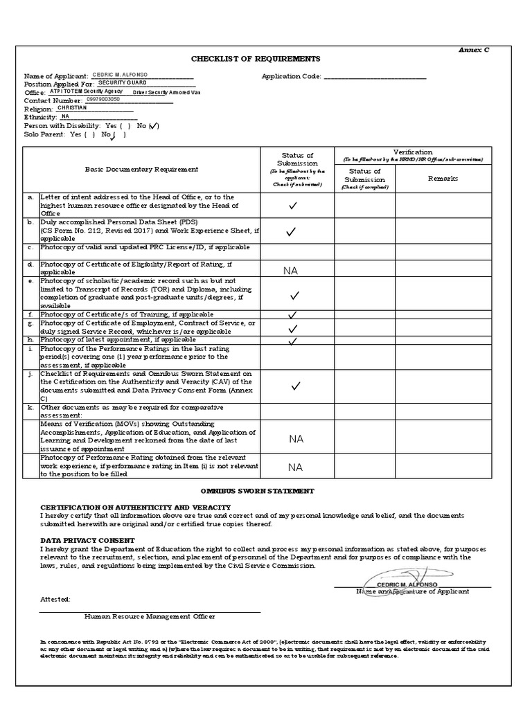 Annex C Checklist of Requirements and Omnibus Sworn Statement ALFONSO | PDF