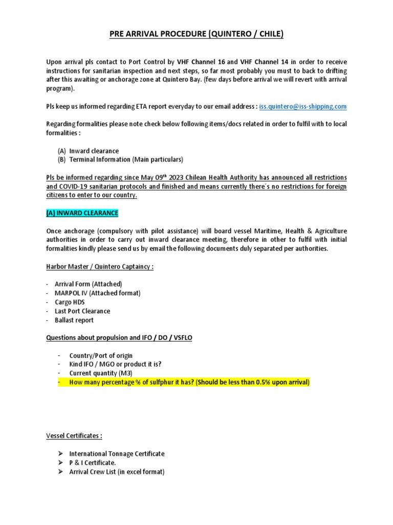 Pre Arrival Procedure - Quintero Port | PDF | Ships | Maritime Pilot