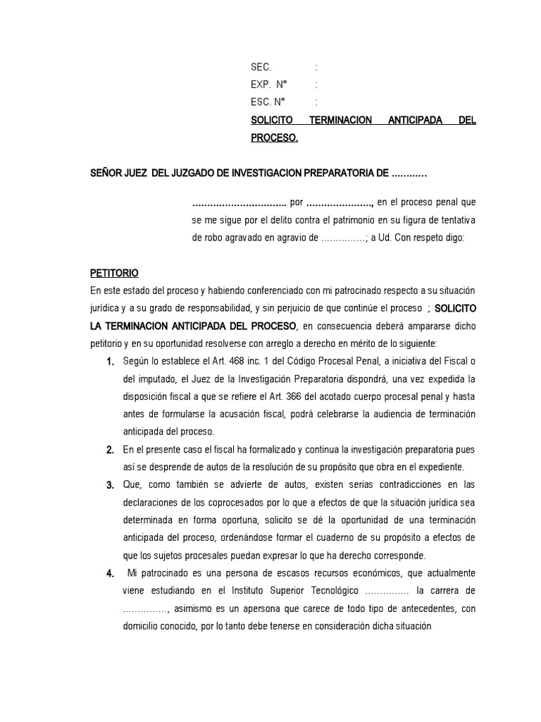Solicito Terminacion Anticipada Del Proceso. | PDF