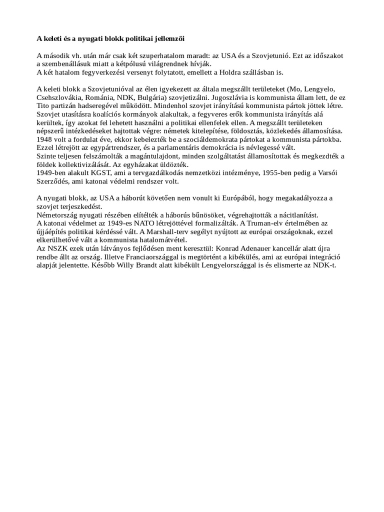 A Keleti És A Nyugati Blokk Politikai Jellemzői PDF