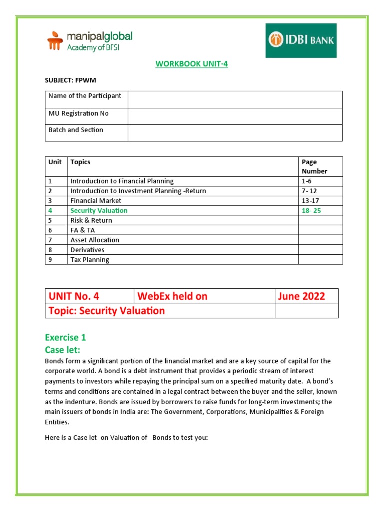 FPWM Work Book Idbi Unit 4 PDF Bonds (Finance) Yield (Finance)
