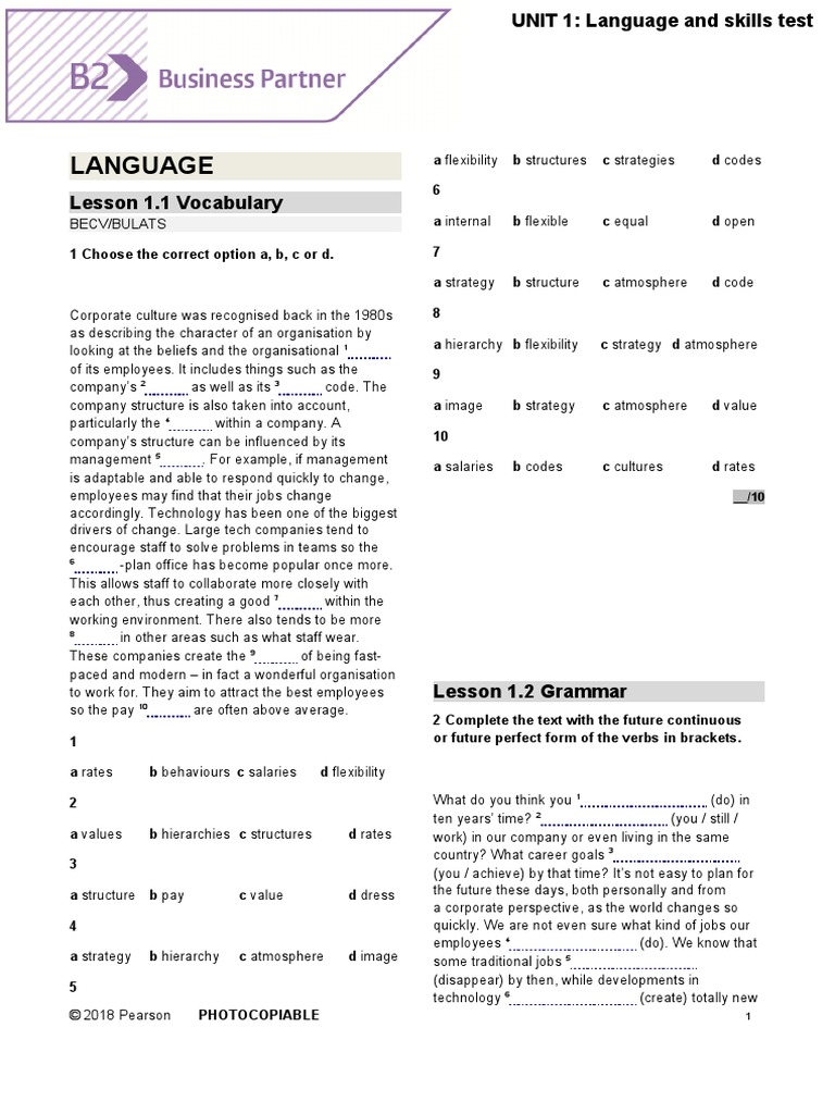 BP B2 Tests Unit1 | PDF | Organizational Culture | Cognitive Science