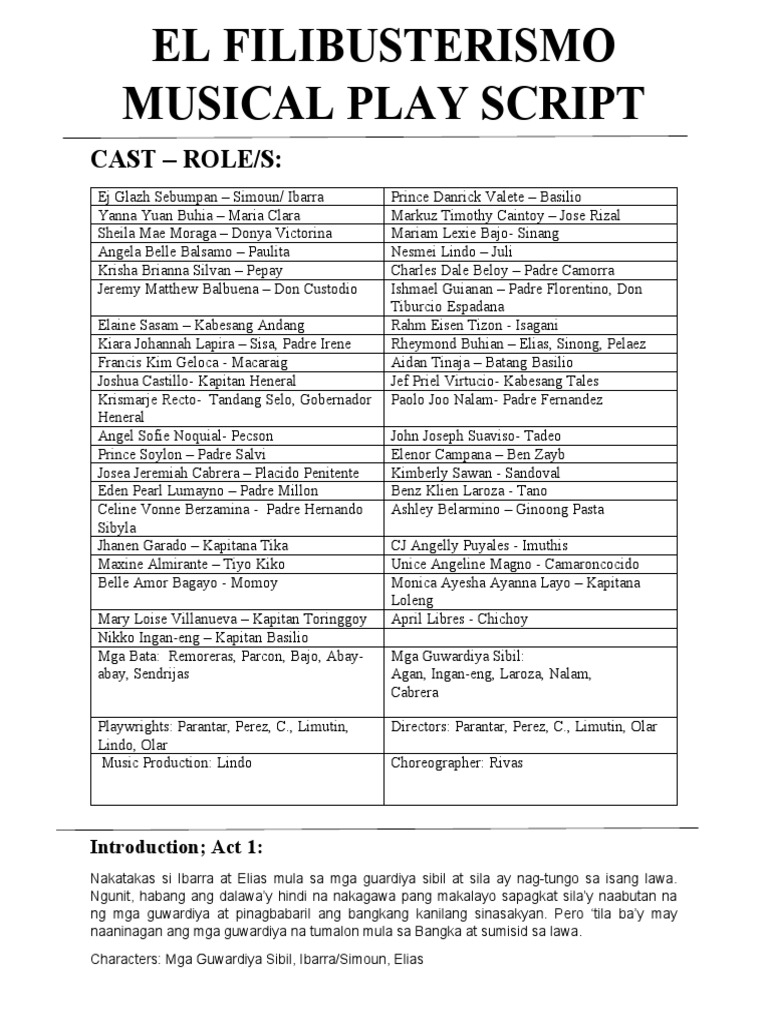 EL FILIBUSTERISMO MUSICAL PLAY SCRIPT 1 AutoRecovered AutoRecovered PDF
