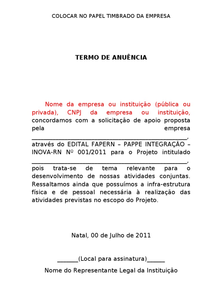 Modelo de Carta de Anuência Da Instituição PDF