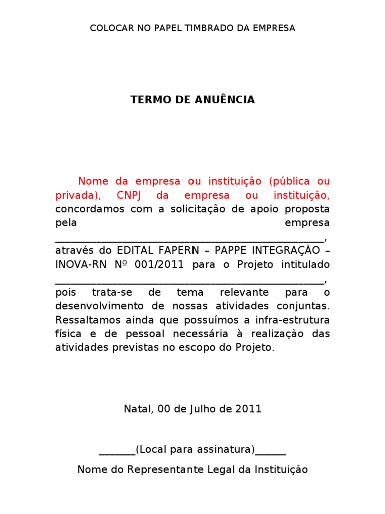 Modelo De Carta De Anuência Da Instituição Pdf