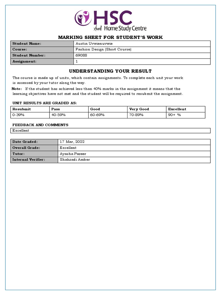 Marking Sheet For Student'S Work | PDF