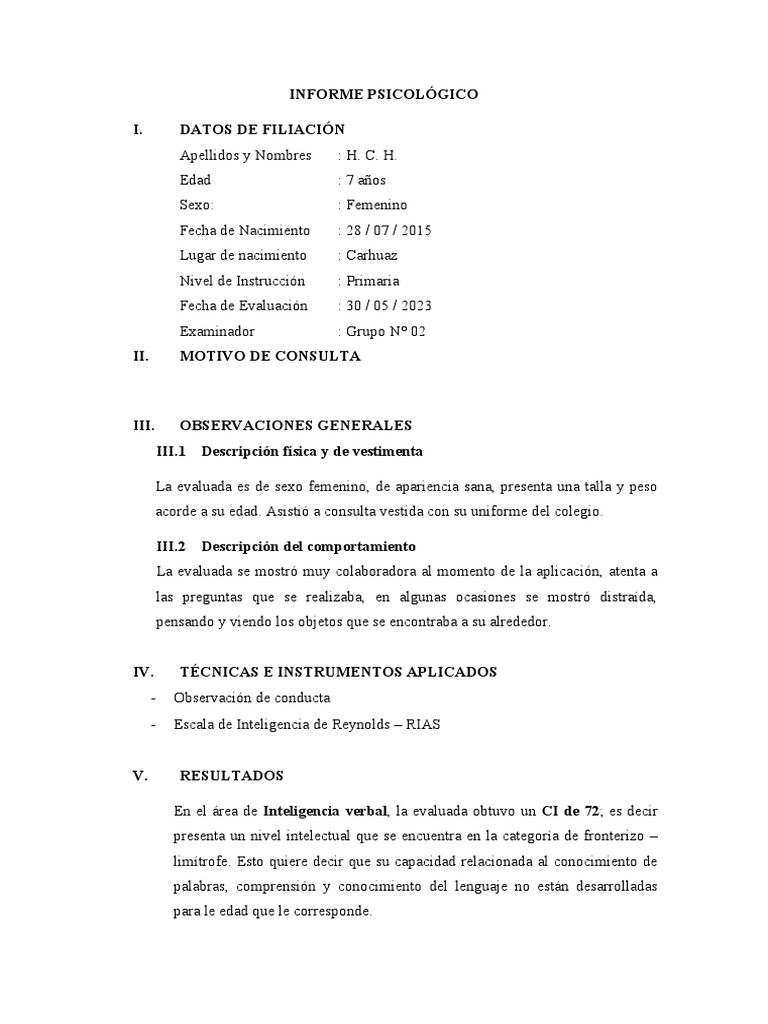 Informe de RIAS: Evaluación Infantil | PDF | Cociente de inteligencia ...