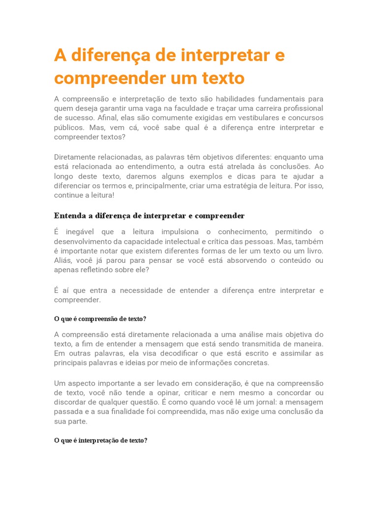 Diferença entre Compreender e Interpretar Textos | PDF | Conhecimento ...