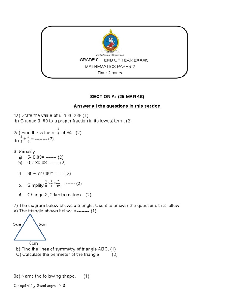 Grade 5 Mathematics Exam Paper 2 | PDF