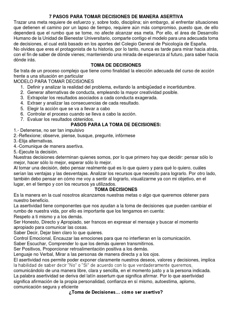 7 Pasos para Tomar Decisiones de Manera Asertiva | PDF | Relaciones ...