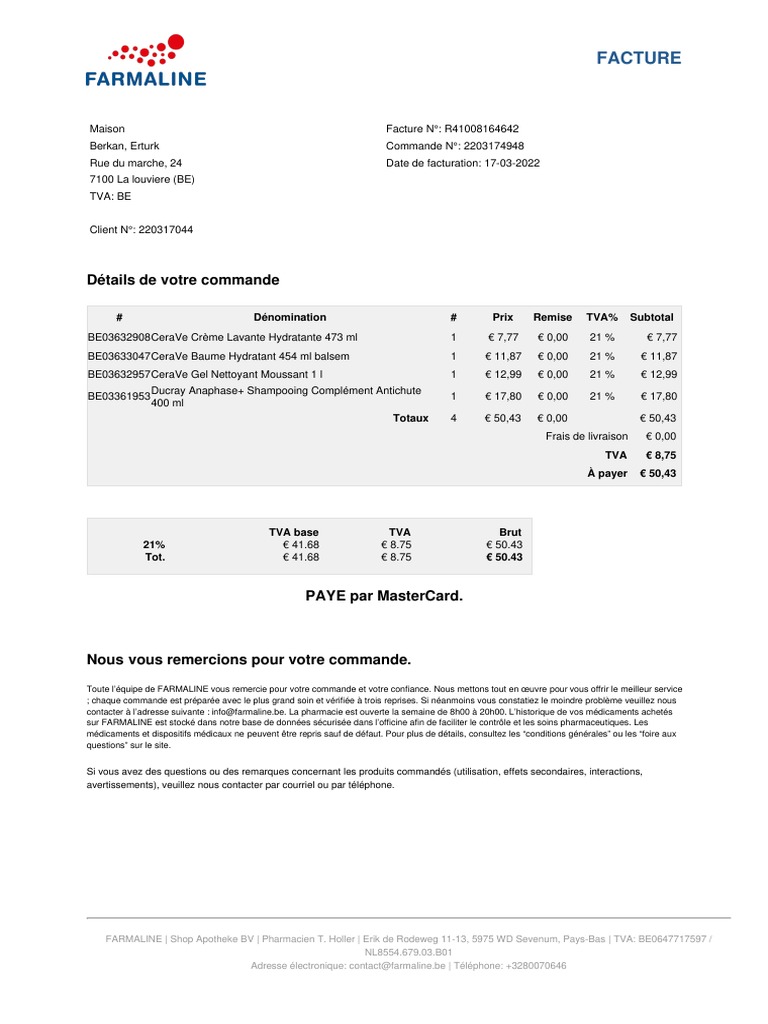 Facture pour soins hydratants Farma Line | PDF | Soins de santé | Médecine