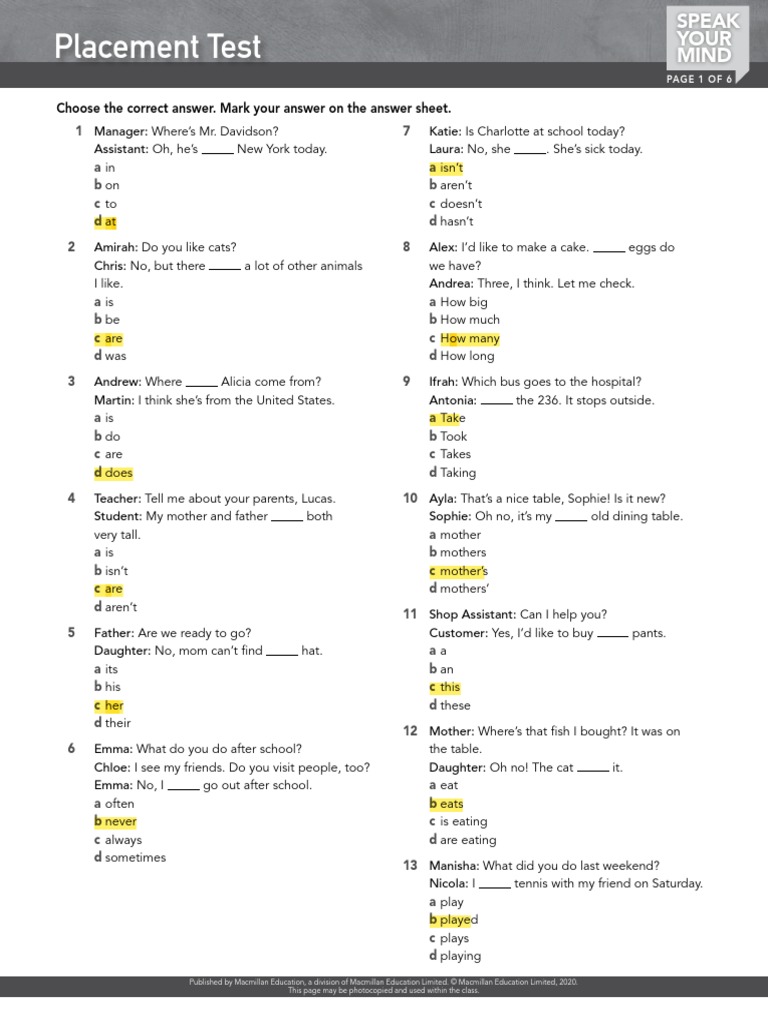English Placement Test Sample Questions | PDF