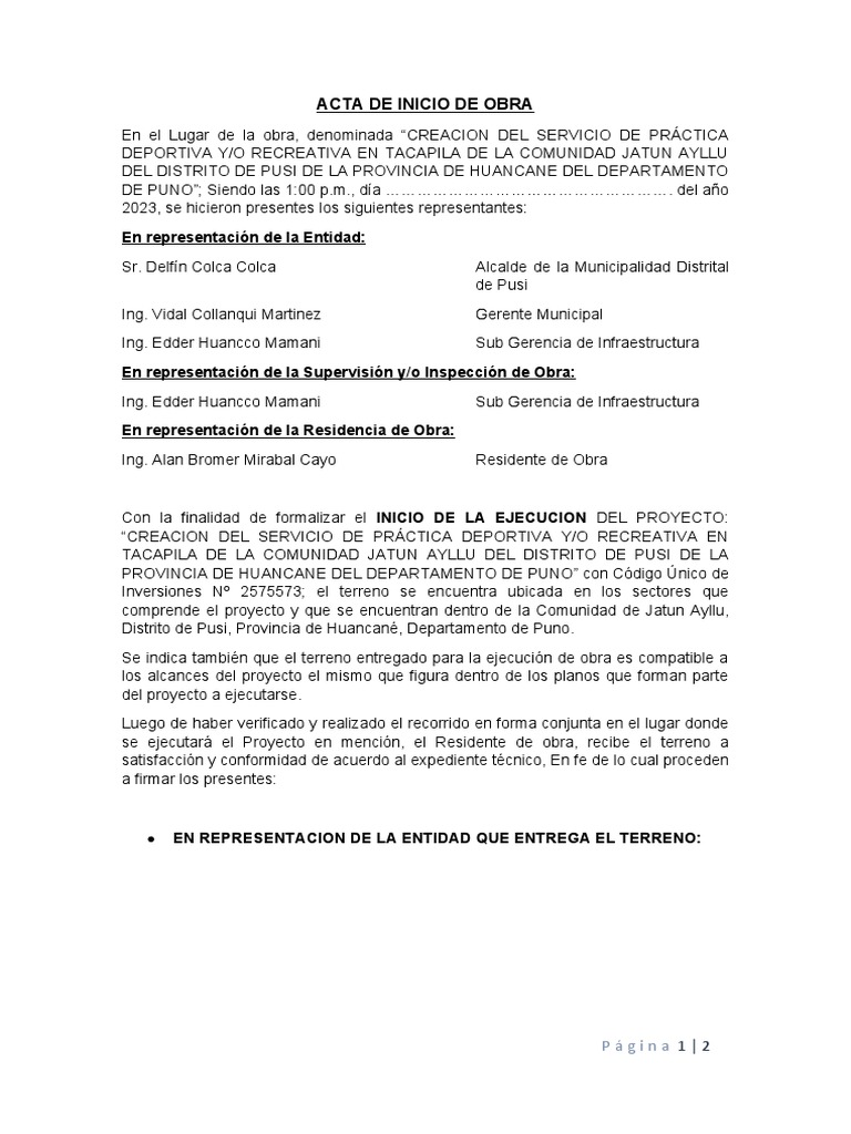 Acta de Inicio de Obra | PDF